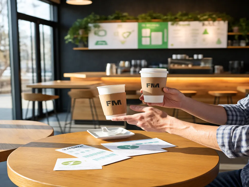 Branded hot paper cups in a café setting