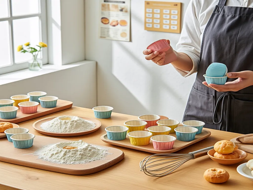 Colorful paper baking cups on a wooden table