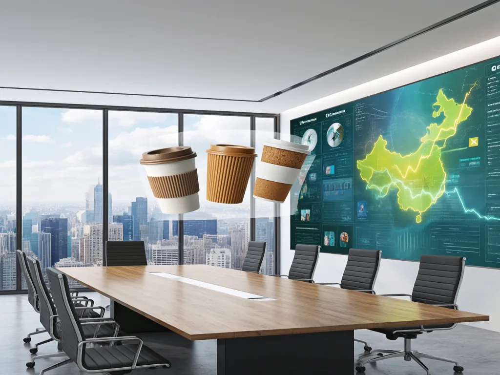 Eco-friendly paper coffee cups with lids in a modern office