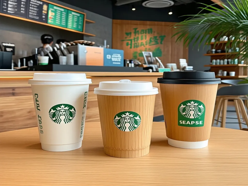 Eco-friendly paper coffee cups with Starbucks-style logos