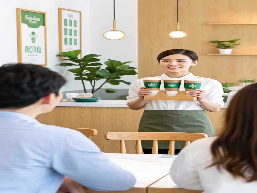 A waitress holding paper cups with holders in a cafe