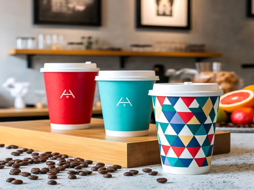 Colorful 5 oz paper cups displayed with coffee beans