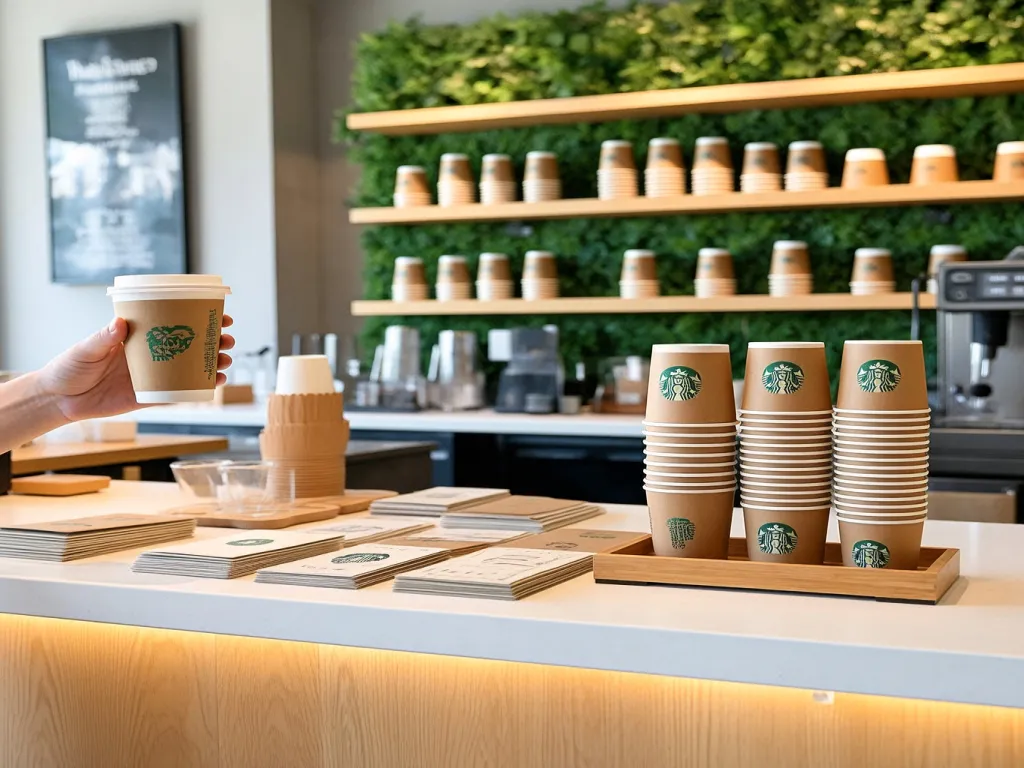 Stacks of 5 oz eco-friendly paper cups on a counter