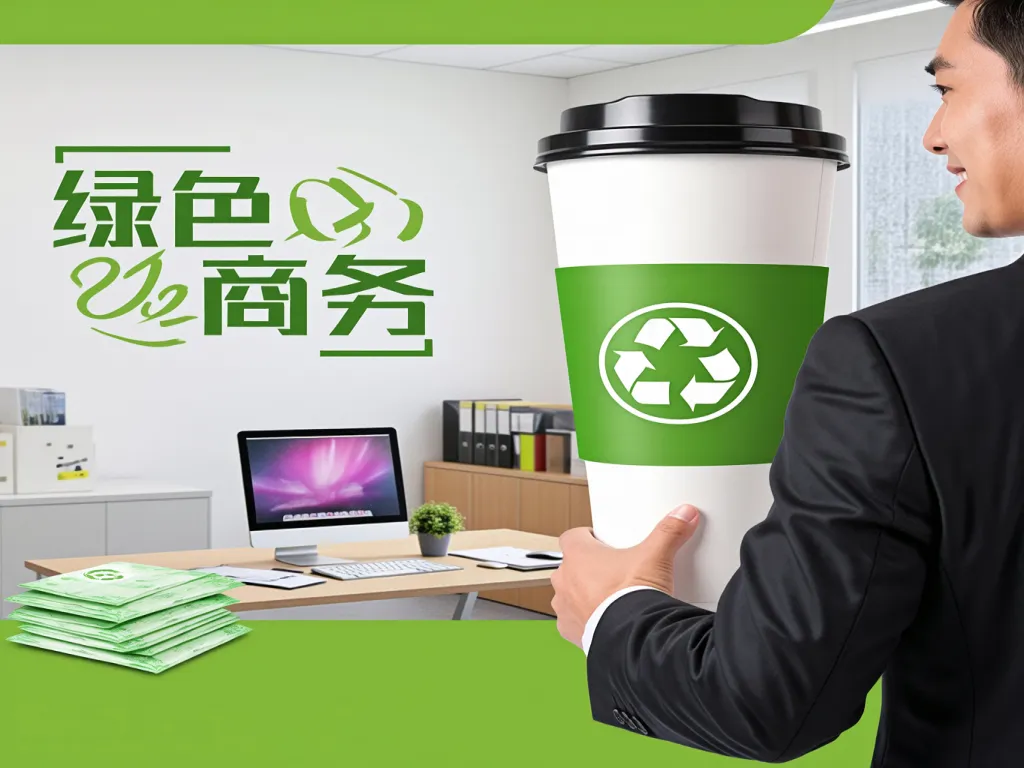 A man holds a large eco-friendly paper cup with a recycling symbol in an office