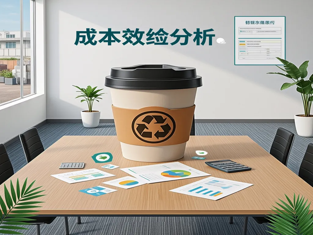 A large paper cup on a table with documents and a calculator, indicating cost analysis