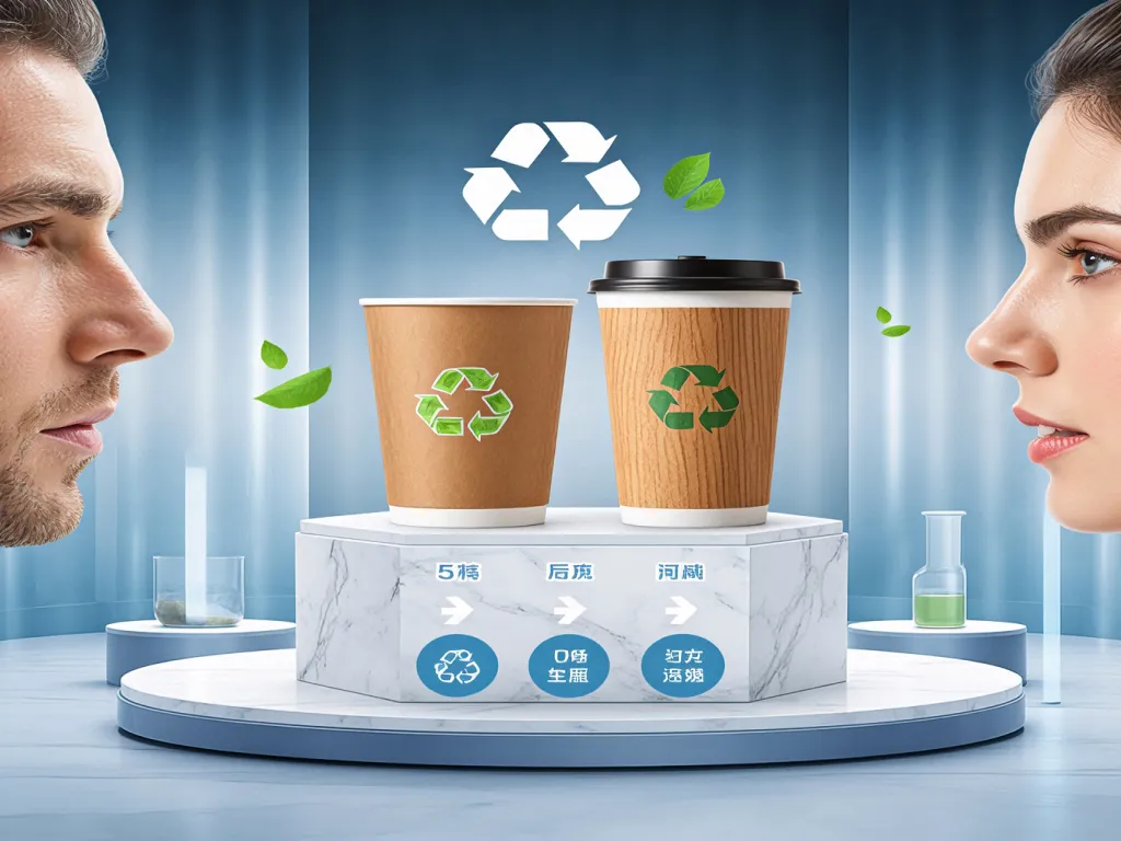 Recyclable 5 oz paper cups with recycling symbols