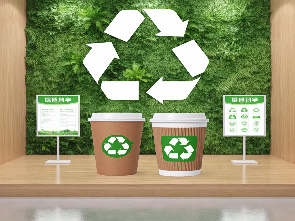 Two paper cups with recycling symbols in front of a green wall with a large recycling symbol