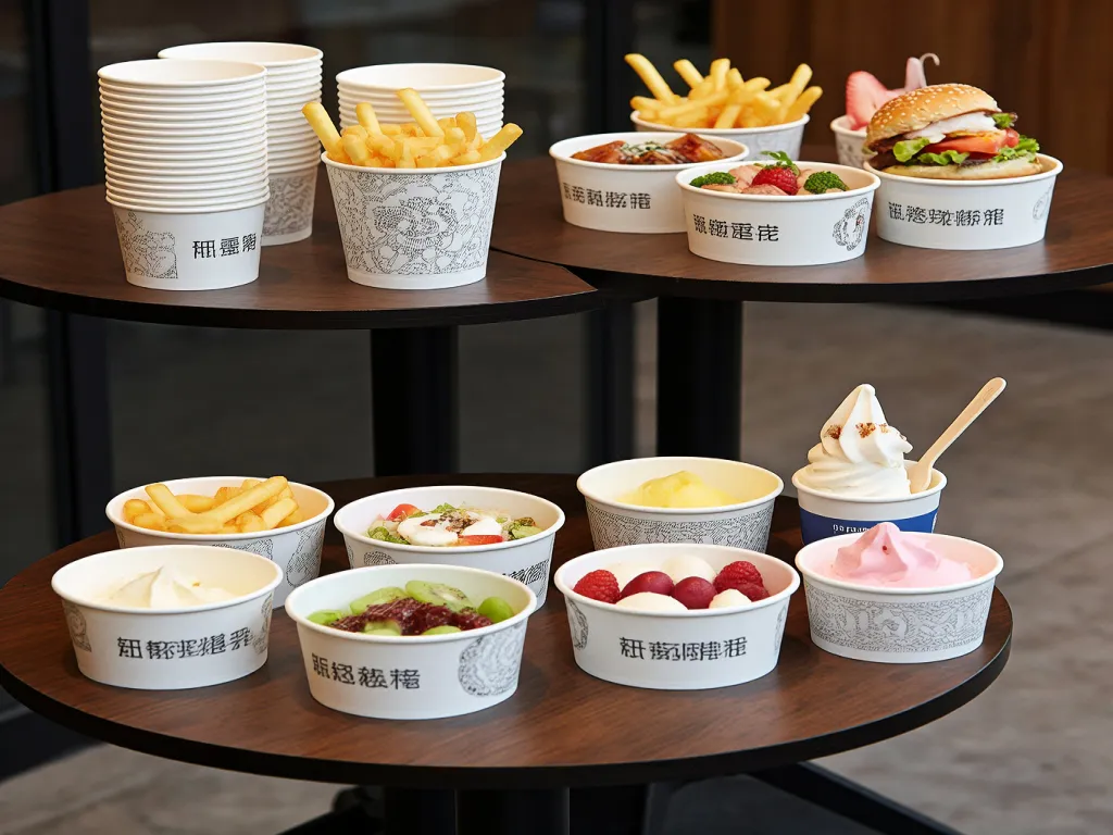 Assorted food in paper bowls