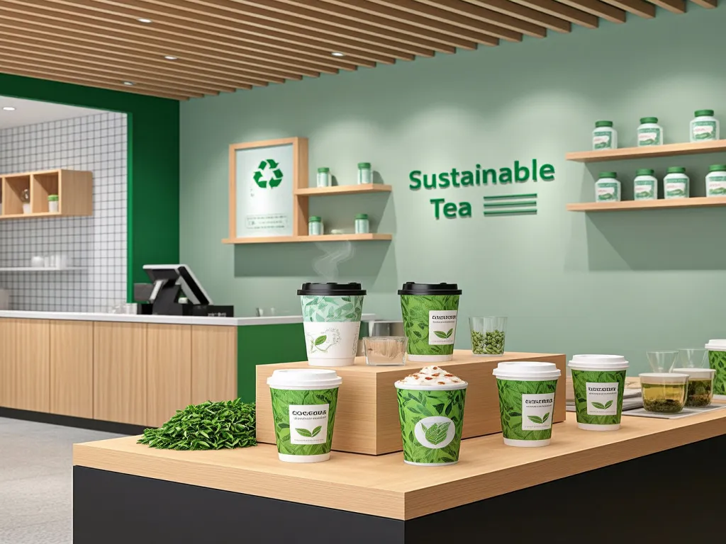 Eco-friendly tea paper cups on display in a modern tea shop