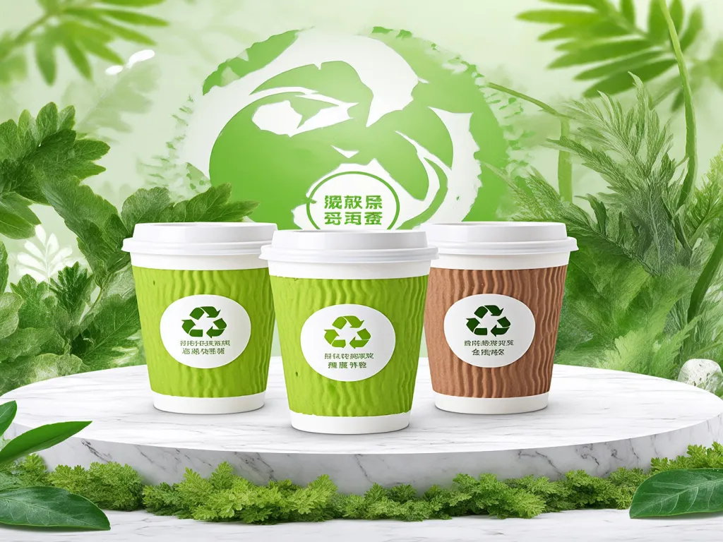 Green recyclable tea cups with recycling logo