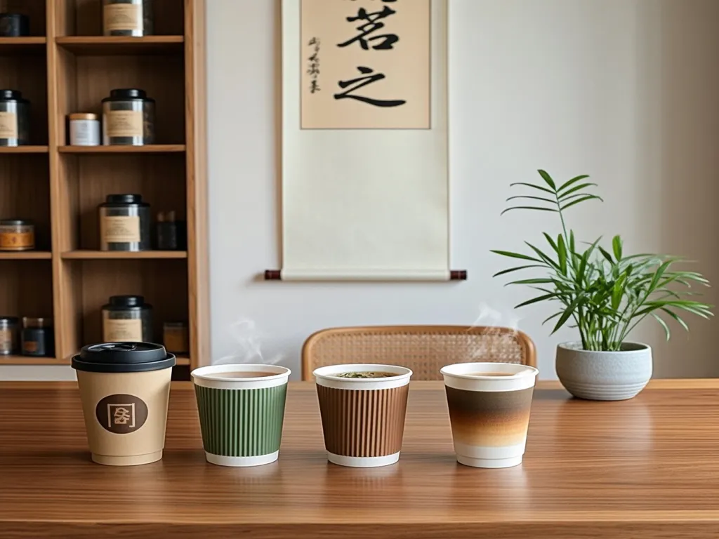 A variety of tea paper cups arranged on a wooden table
