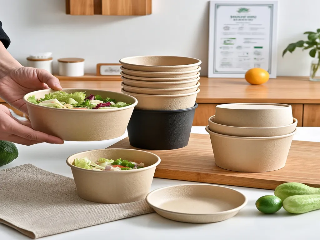 Stacked paper mache bowls with salad