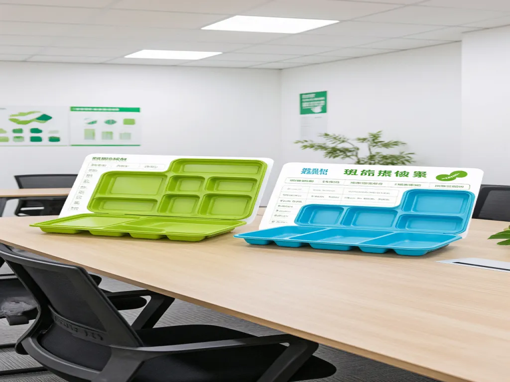 Colorful paper lunch trays on a table in an office setting