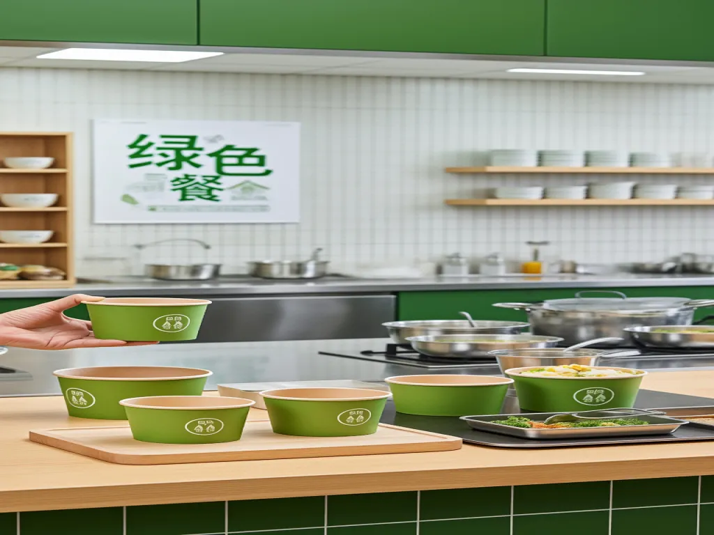 Green paper soup bowls in a modern kitchen