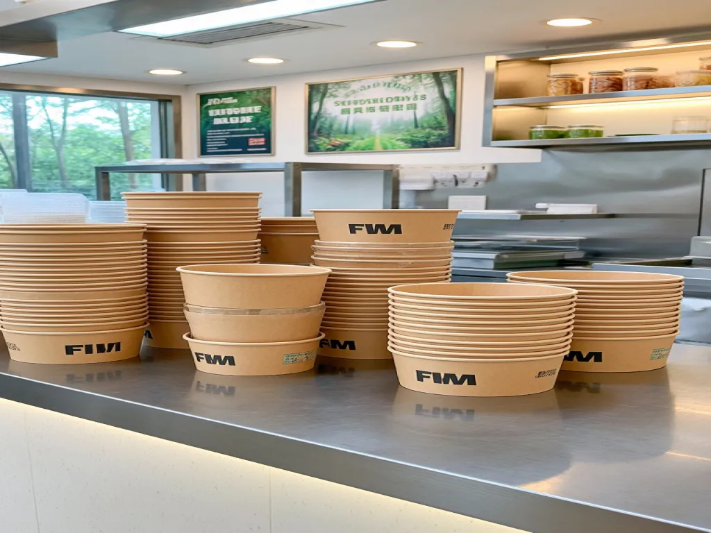 Stacks of brown paper bowls in a kitchen