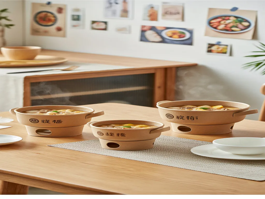 Warm soup in paper bowls on a dining table