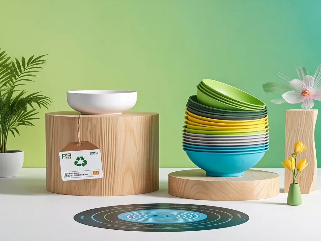 Stacks of colorful small paper bowls on wooden stands