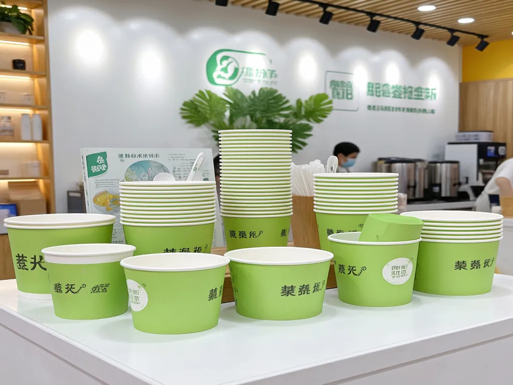 Stacks of green paper bowls for soup in a store