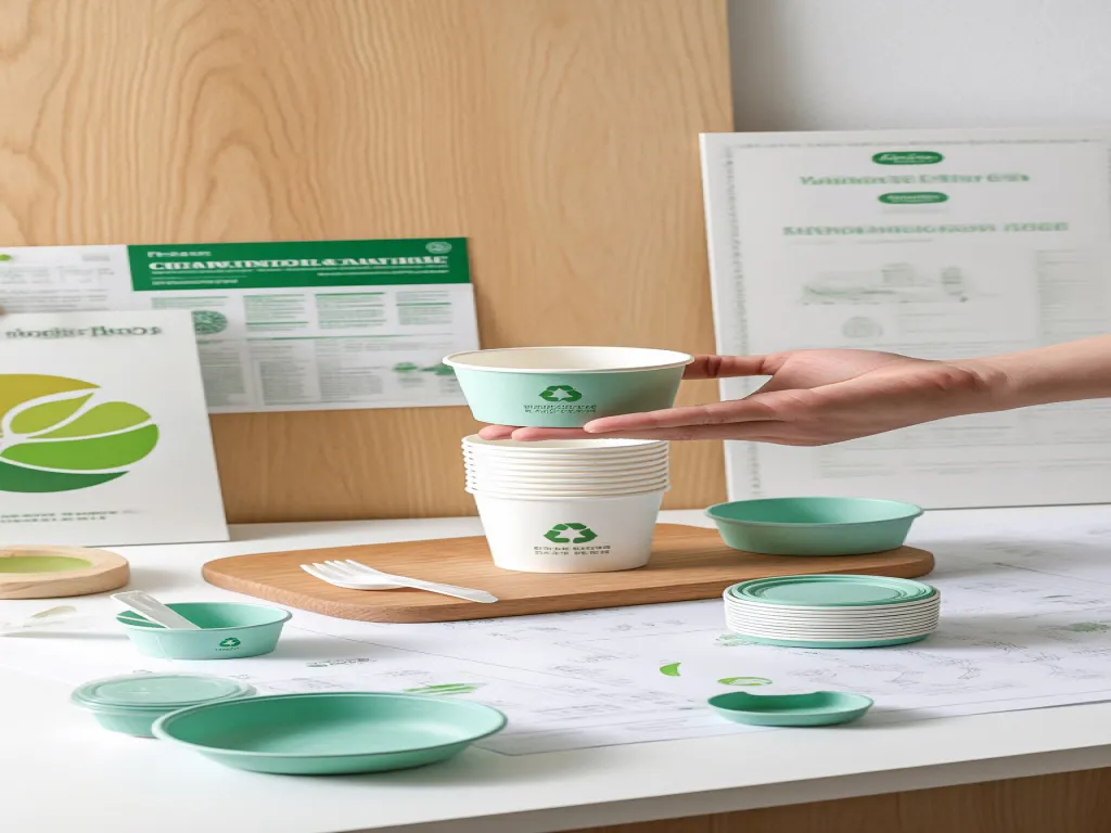 Stack of small eco-friendly paper bowls on a wooden tray