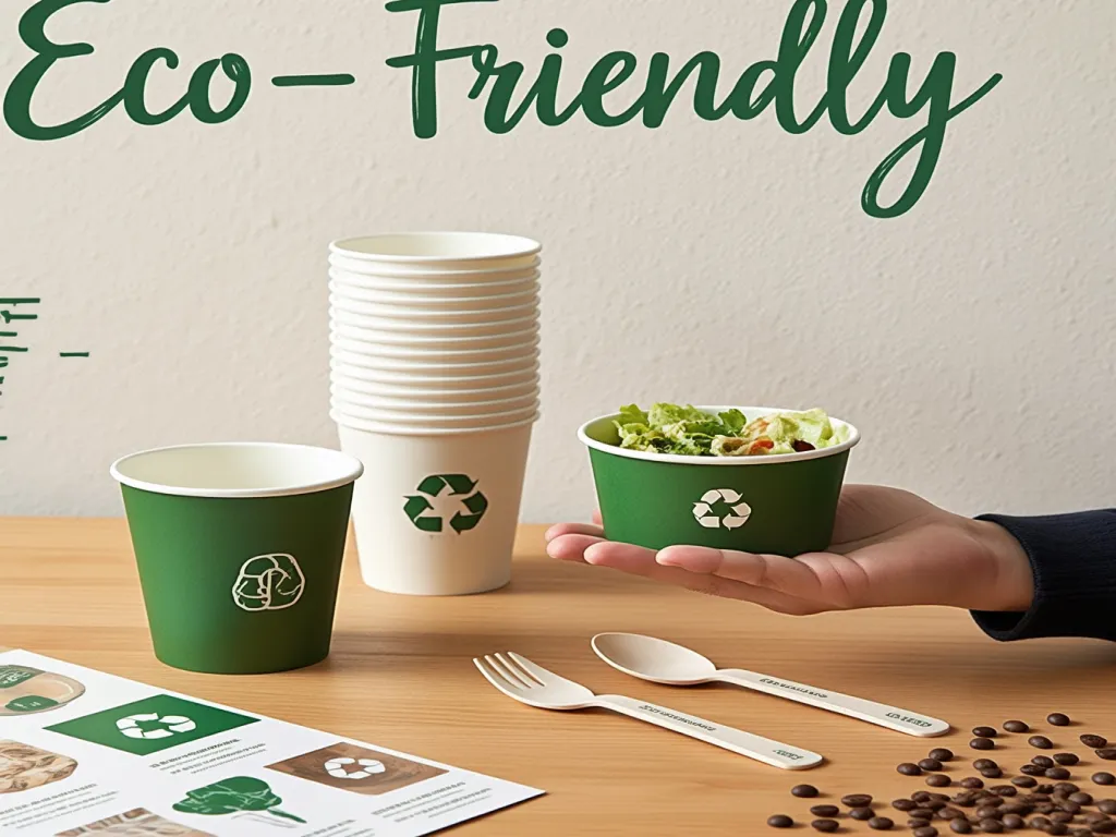 Eco-friendly small paper bowls with food and utensils