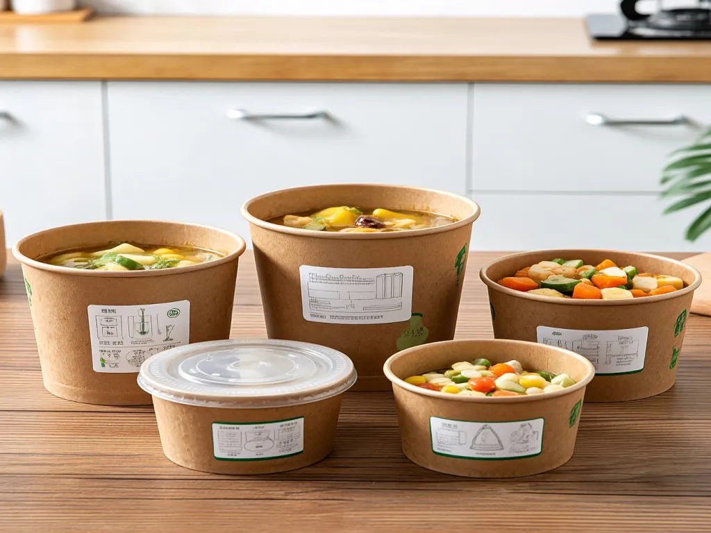 Small brown kraft paper bowls filled with various foods