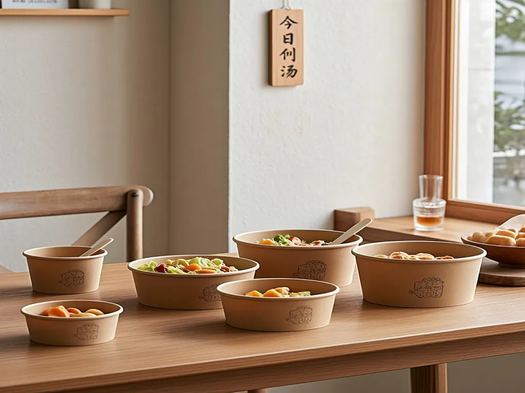 Paper bowls filled with soup and vegetables on a wooden table