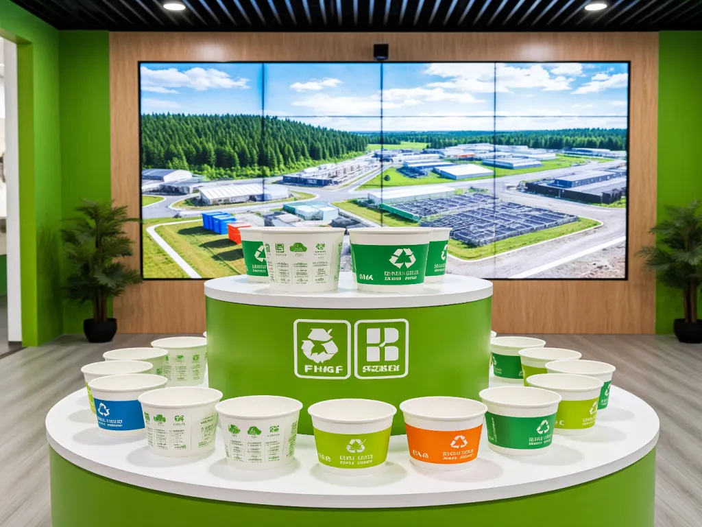 Display of recyclable paper soup bowls in a showroom