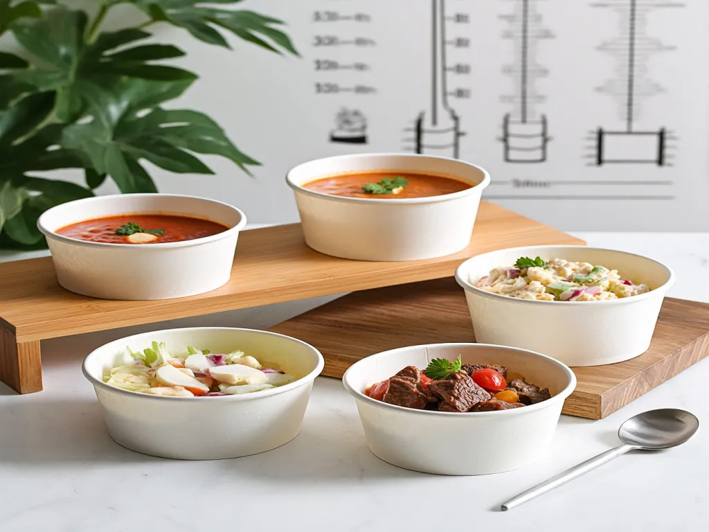 Small white paper bowls with different prepared meals
