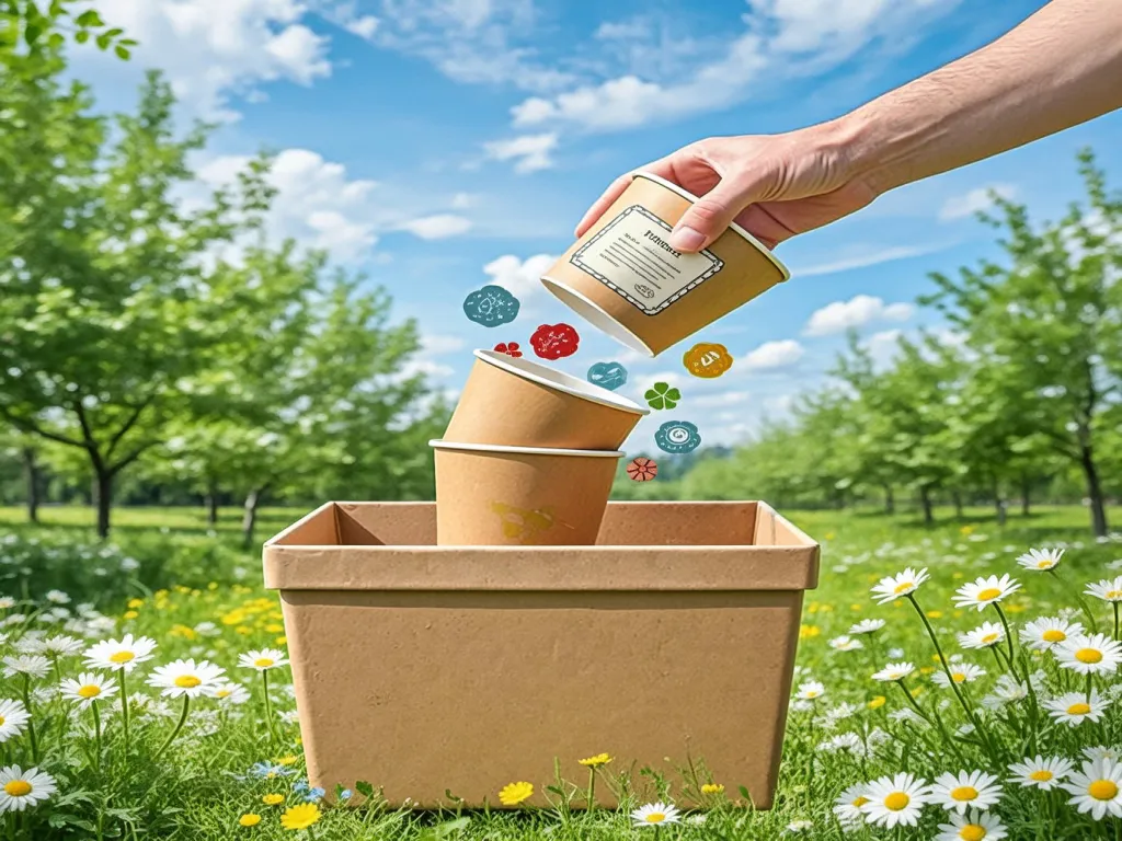 Recycling 12 oz paper bowls in a green field