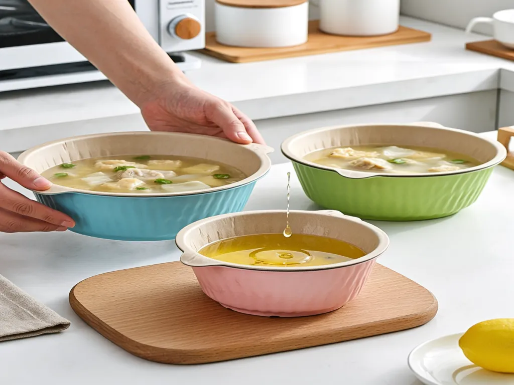 Colorful paper soup bowls filled with soup