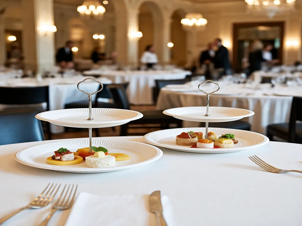 Elegant serving setup with white paper plates
