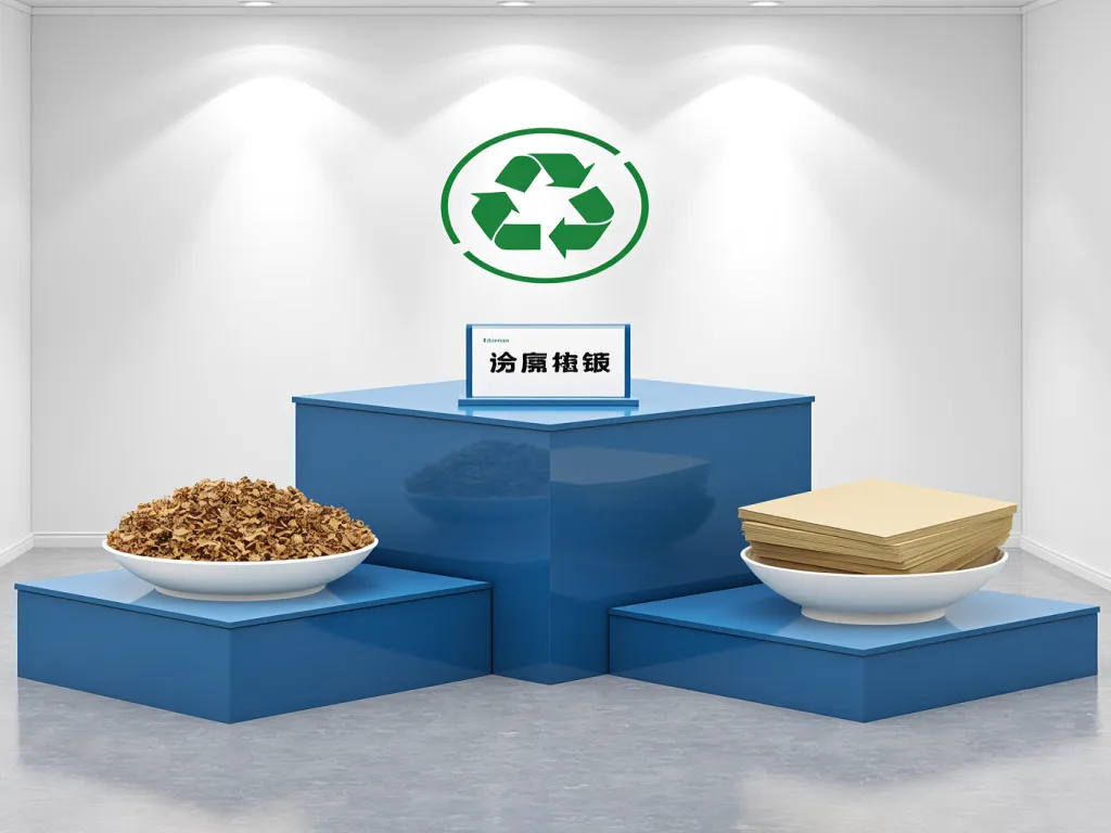 Display of recyclable paper plates with recycling symbol