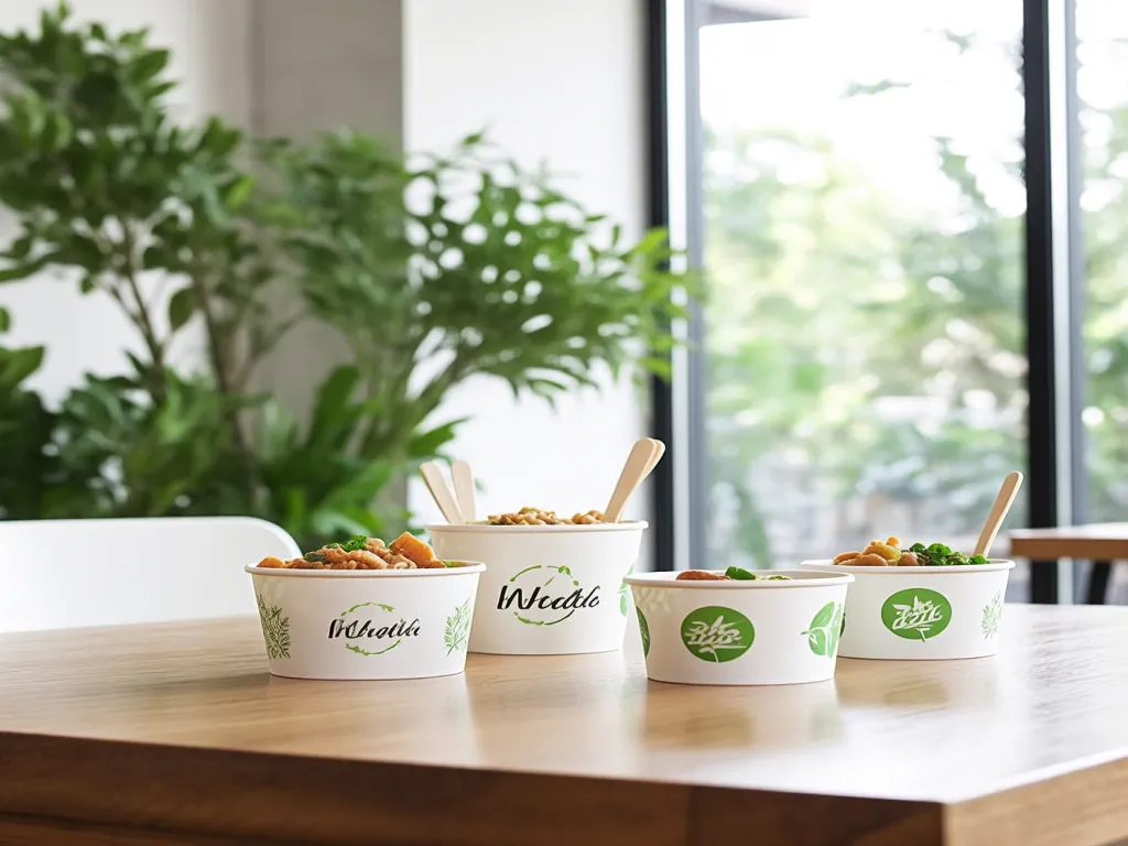 Eco-friendly 8 oz paper bowls with food on a wooden table