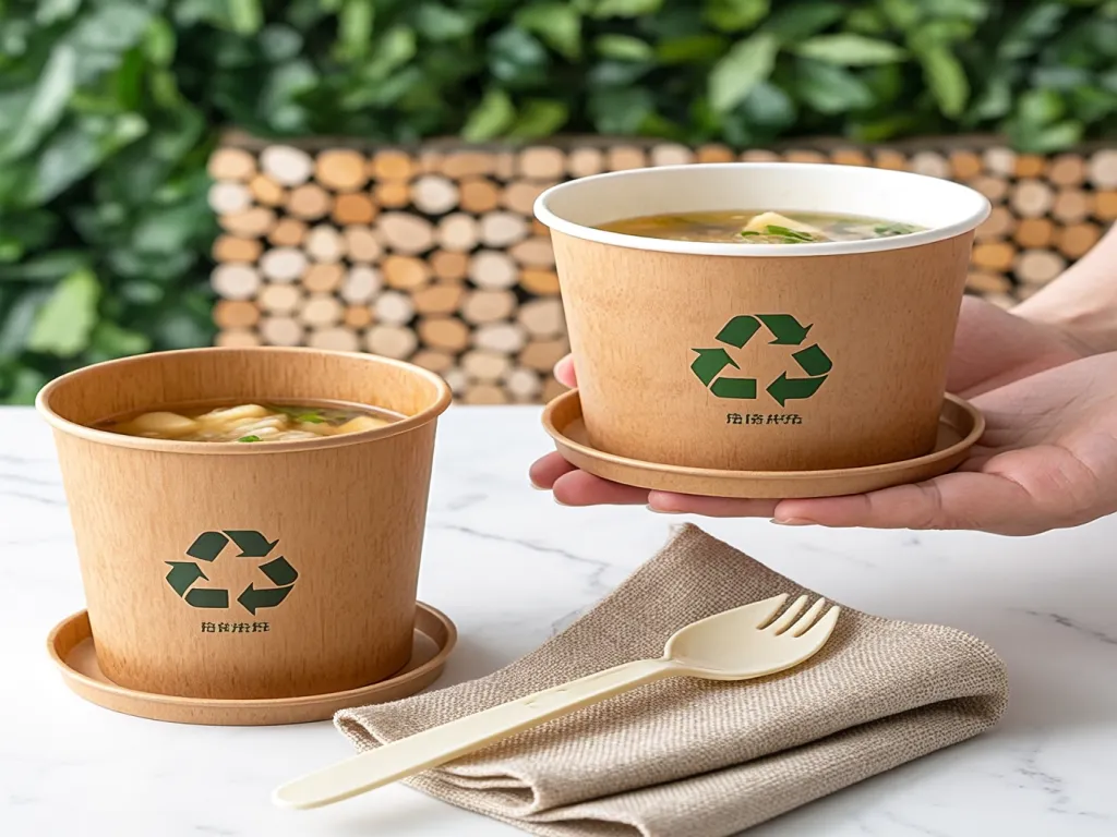 Recyclable 8 oz paper bowls with soup and a fork
