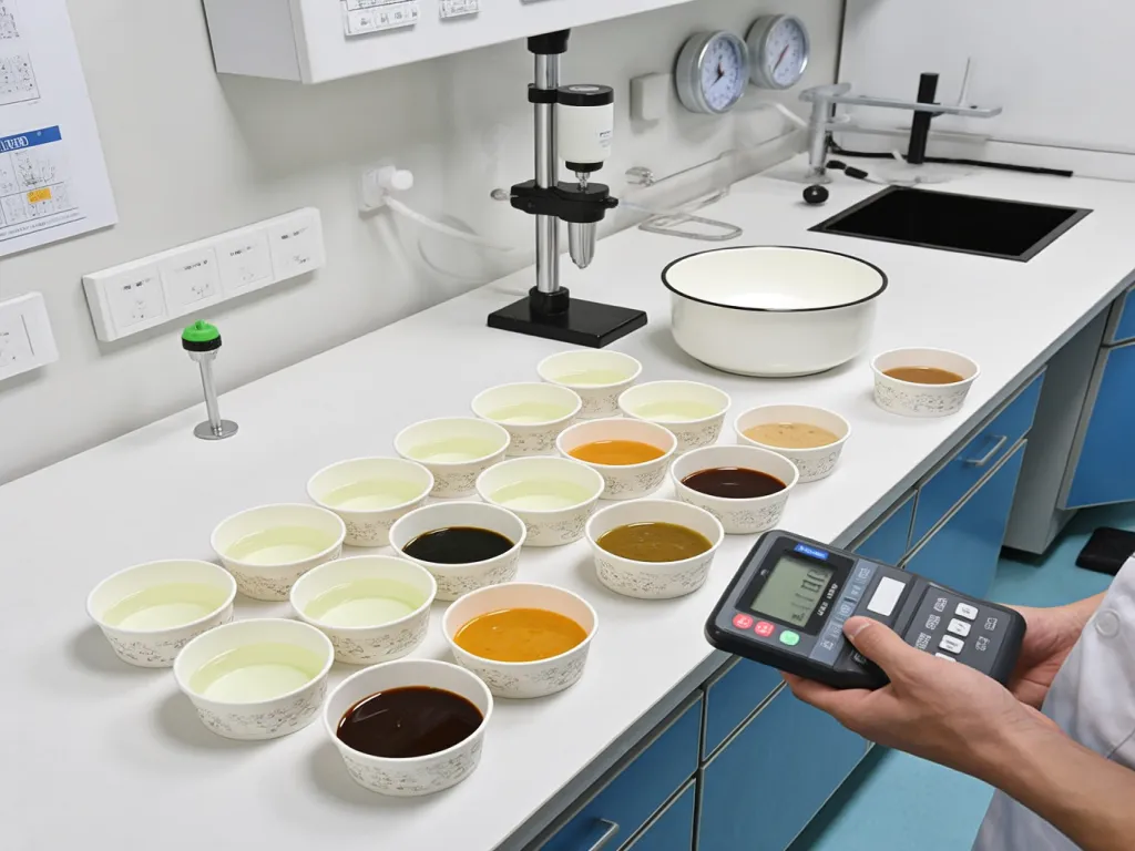 A variety of 8 oz paper bowls with different liquids for testing