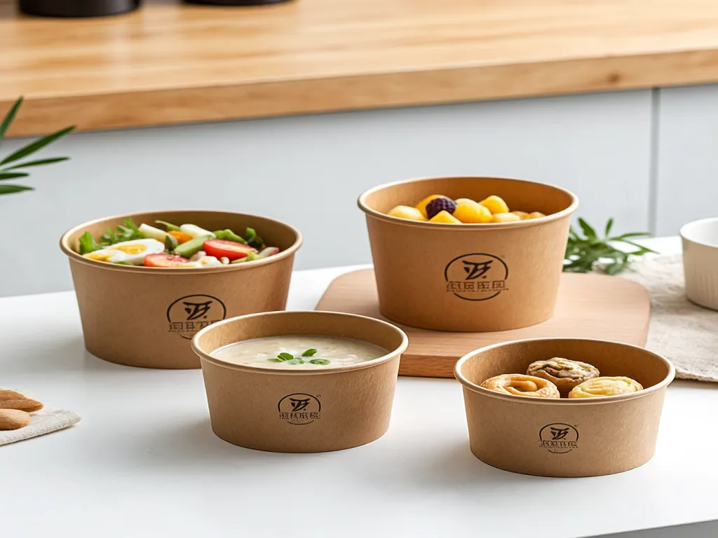 Brown paper bowls filled with various foods in a kitchen