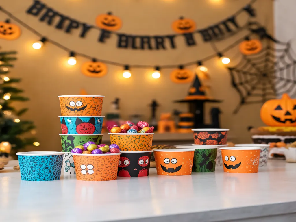 Colorful Halloween paper bowls with candy and decorations