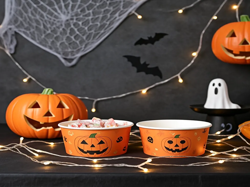 Halloween themed paper bowls with pumpkins and string lights