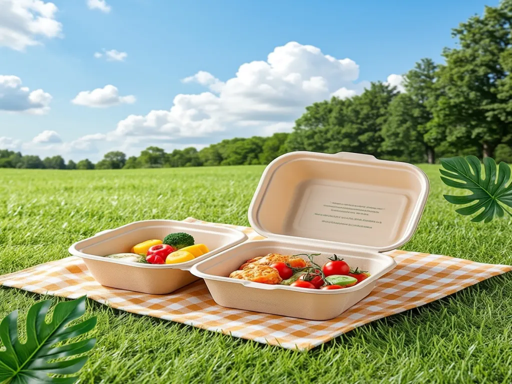 Eco-friendly paper plate bowls with food on a picnic blanket