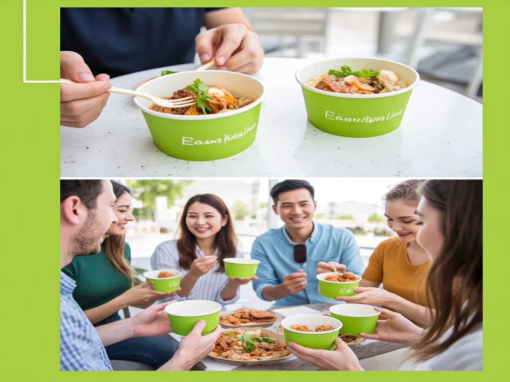 People enjoying meals with green paper bowls