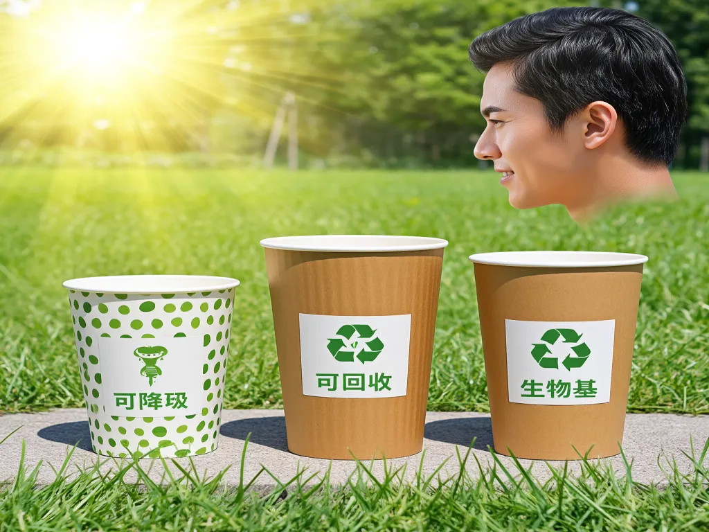 Recyclable and biodegradable paper cups in a grassy field