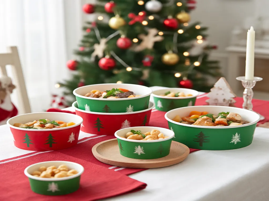 Filled Christmas paper bowls with holiday meals