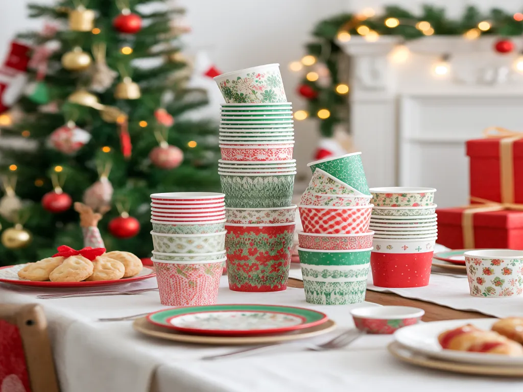 Stacked Christmas paper bowls with festive designs