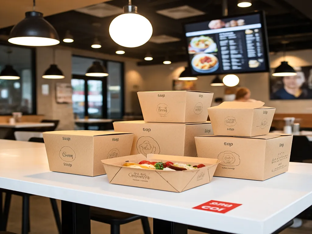 Brown paper noodles takeout boxes on a restaurant counter