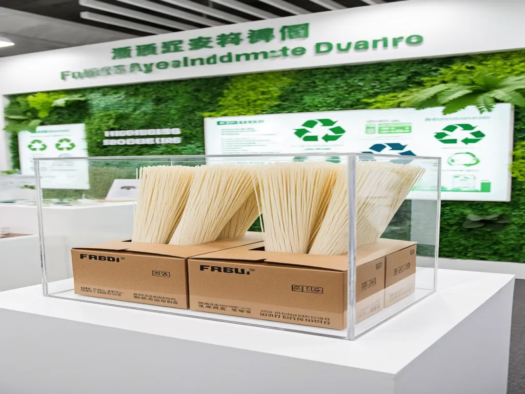 Cardboard noodles boxes in a clear display case with eco-friendly signage