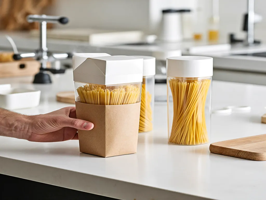 A hand holding a kraft noodles paper container next to glass jars of spaghetti