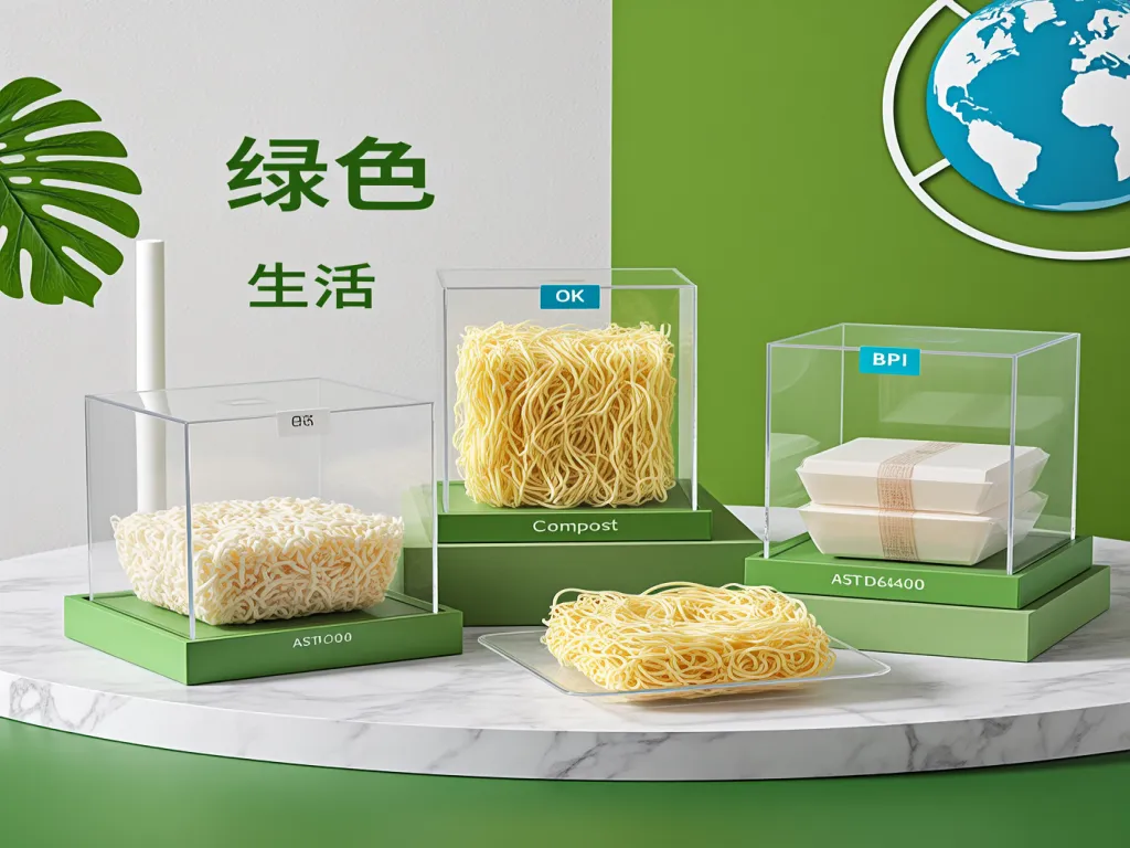 Display of eco friendly noodle packaging in green and clear boxes