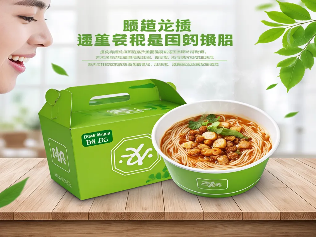 A green eco friendly paper box with noodles inside