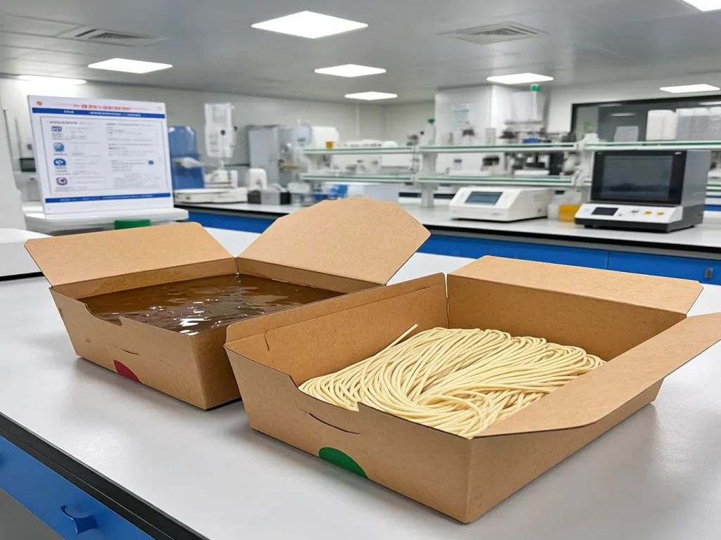 Kraft paper noodle boxes in a laboratory setting