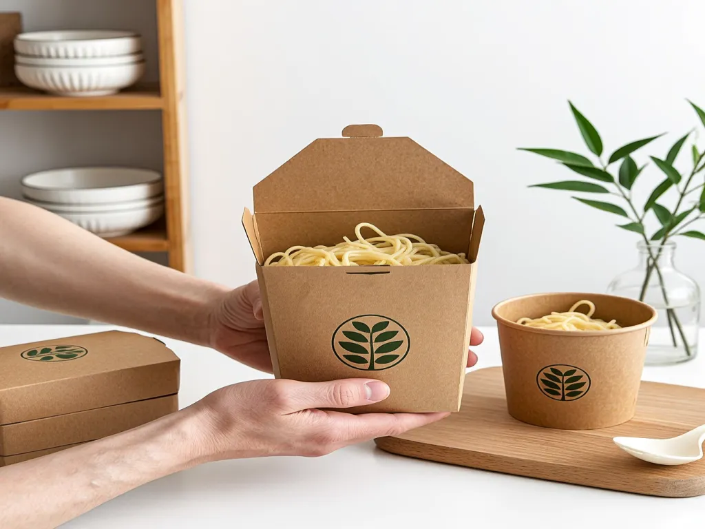 Hand holding a kraft paper noodle box filled with noodles